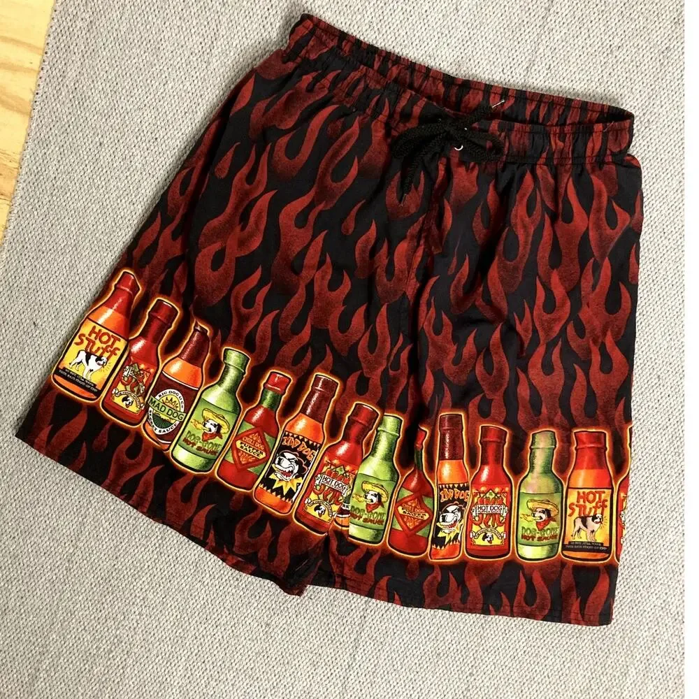 Vtg Big Dog‎ Board Shorts Men's Medium Red Hot Sauce Flames Beach Party